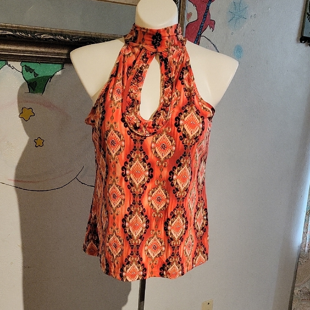 Women's Sleeveless Halter Top - Orange Pattern